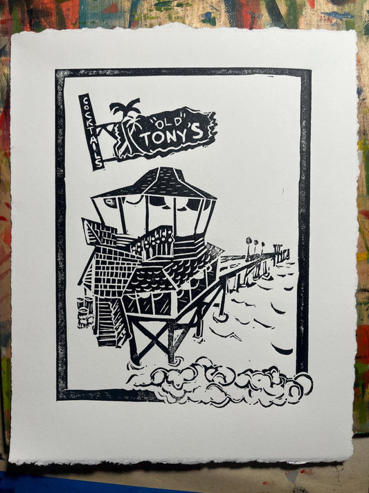 Redondo Beach Pier Art Tony’s on the Pier Linocut Print Vintage Coastal Decor So Cal Landmark Linocut Wall Art, Beach House, Tiki Bar Decor