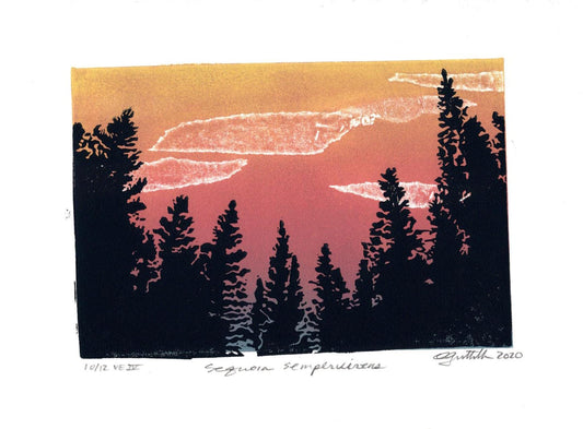 Redwoods Original Linocut Print, 4” x 6” Print Image, Giant Sequoias Print, Wilderness Print, Nature Print, Wildlands Print, California Art