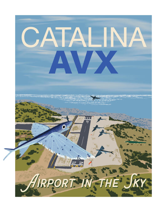 Catalina Island Airport in the Sky Midcentury Modern Travel Art Flying Fish Wall Decor AVX Print Vintage Style Original Art Limited Edition